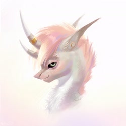 Size: 2080x2080 | Tagged: safe, artist:inarimayer, imported from derpibooru, oc, oc only, bicorn, pony, black sclera, bust, chest fluff, curved horn, ear piercing, earring, eyelashes, female, horn, horn ring, jewelry, mare, multiple horns, piercing, ring, smiling, solo