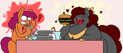 Size: 2740x1182 | Tagged: safe, artist:queenfrau, imported from derpibooru, oc, oc only, oc:level 4, oc:queen frau, earth pony, pony, burger, dinner, eating, fat, female, floating heart, food, hamburger, heart, male, mare, oc x oc, plate, royalty, shipping, silly, stallion, surprised