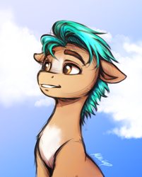 Size: 1148x1428 | Tagged: safe, artist:buttersprinkle, imported from derpibooru, hitch trailblazer, earth pony, pony, cloud, floppy ears, g5, male, my little pony: a new generation, sky, solo, stallion, windswept mane