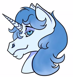 Size: 1932x2048 | Tagged: safe, artist:honeyhex, imported from derpibooru, oc, oc only, oc:winter solstice, horse, pony, unicorn, blue mane, bust, cute, hoers, looking at you, male, simple background, smiling, solo, stallion, white background