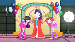 Size: 3410x1920 | Tagged: safe, imported from derpibooru, screencap, pinkie pie, rarity, twilight sparkle, a photo booth story, eqg summertime shorts, equestria girls, balloon, bare shoulders, boots, eyes closed, fake moustache, fall formal outfits, female, hairpin, high res, shoes, sleeveless, smiling, strapless, trio, trio female, twilight ball dress