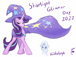 Size: 1200x900 | Tagged: safe, artist:hiddelgreyk, imported from derpibooru, starlight glimmer, trixie, pony, unicorn, accessory swap, brooch, cape, clothes, dynamic pose, hat, jewelry, signature, simple background, standing, starlight glimmer day, text, the great and powerful, trixie's brooch, trixie's cape, trixie's hat, white background