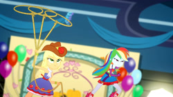 Size: 3410x1920 | Tagged: safe, imported from derpibooru, screencap, applejack, rainbow dash, a photo booth story, eqg summertime shorts, equestria girls, balloon, bare shoulders, belt, boots, clothes, cowboy hat, cutie mark on clothes, duo, duo female, fall formal outfits, female, hat, high res, lasso, rope, shoes, sleeveless, smiling, strapless