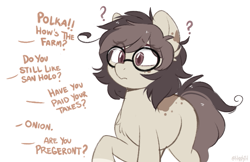 Size: 673x436 | Tagged: safe, artist:higgly-chan, imported from derpibooru, oc, oc only, oc:polka dot, earth pony, pony, asking, confused, female, glasses, mare, meganekko, missing cutie mark, offscreen character, question mark, raised hoof, solo