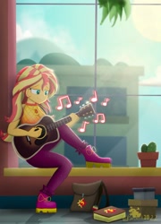 Size: 2048x2849 | Tagged: safe, alternate version, artist:lordshrekzilla20, imported from derpibooru, sunset shimmer, fanfic:the one true king, equestria girls, breasts, busty sunset shimmer, cleavage, female, guitar, high res, jewelry, music notes, musical instrument, necklace, playing instrument, relaxing, smiling, sunlight, window