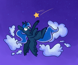 Size: 790x660 | Tagged: safe, artist:jroxs12pone, imported from derpibooru, princess luna, alicorn, pony, cute, female, flying, lunabetes, mare, missing accessory, night, no pupils, sky, solo, stars, tangible heavenly object