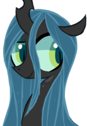 Size: 343x493 | Tagged: source needed, safe, artist:alandisc, imported from derpibooru, queen chrysalis, changeling, changeling queen, bust, confident, female, horn, makeup, mare, simple background, slit pupils, smiling, smirk, solo, white background