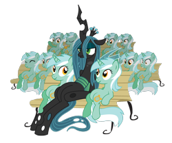 Size: 1078x900 | Tagged: safe, artist:xkappax, imported from derpibooru, lyra heartstrings, queen chrysalis, changeling, changeling queen, pony, unicorn, bench, clone, derp, eyes closed, female, lyravasion, meme, multeity, queen chrysalis is not amused, simple background, sitting, sitting lyra, transparent background, unamused