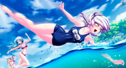 Size: 4140x2249 | Tagged: safe, artist:mauroz, imported from derpibooru, diamond tiara, gilda, silver spoon, trixie, human, alternate hairstyle, anime, barefoot, beach, bikini, bikini bottom, bikini top, breasts, clothes, feet, female, humanized, open mouth, school swimsuit, swimsuit