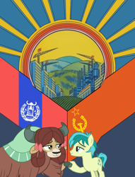 Size: 1000x1306 | Tagged: safe, artist:bodyashkin, edited screencap, imported from derpibooru, sandbar, yona, earth pony, pony, yak, equestria at war mod, the ending of the end, bow, cloven hooves, communism, crane, duo, female, flag, hair bow, hammer and horseshoe, hill, male, monkey swings, poster, poster parody, propaganda, socialism, soviet, stalliongrad