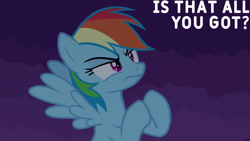 Size: 1280x720 | Tagged: safe, edit, edited screencap, editor:quoterific, imported from derpibooru, screencap, rainbow dash, pegasus, pony, castle mane-ia, season 4, female, flying, mare, night, solo, spread wings, text, wings