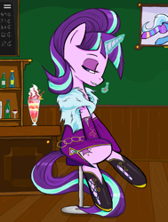 Size: 1143x1512 | Tagged: safe, artist:sallycars, imported from derpibooru, starlight glimmer, trixie, pony, unicorn, bar, cherry, cocktail dress, female, food, herbivore, ice cream, lidded eyes, magic, mare, ms paint, picture frame, s5 starlight, solo, telekinesis