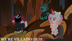 Size: 1280x720 | Tagged: safe, edit, edited screencap, editor:quoterific, imported from derpibooru, screencap, cozy glow, lord tirek, queen chrysalis, alicorn, centaur, changeling, changeling queen, pony, taur, season 9, the ending of the end, alicornified, cozycorn, female, filly, flying, foal, hand on hip, hoof on hip, hooves on hips, male, open mouth, open smile, race swap, smiling, spread wings, text, trio, ultimate chrysalis, wings