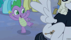 Size: 1280x720 | Tagged: safe, imported from derpibooru, screencap, nightjar, spike, zippoorwhill, dragon, pegasus, pony, filli vanilli, season 4, animated, cute, female, filly, foal, gif, gifs.com, glasses, male, offscreen character, open mouth, open smile, smiling, spikabetes, spread wings, stallion, wings
