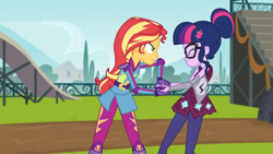Size: 3410x1920 | Tagged: safe, imported from derpibooru, screencap, sci-twi, sunset shimmer, twilight sparkle, equestria girls, friendship games, angry, duo, duo female, eyes closed, female, glasses, high res, magic capture device, shrunken pupils