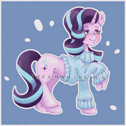 Size: 1900x1900 | Tagged: safe, artist:infamousrebel, imported from derpibooru, starlight glimmer, pony, unicorn, blue background, blushing, clothes, cute, doodle, eye clipping through hair, eyebrows, female, full body, glimmerbetes, mare, outline, simple background, smiling, solo, starlight glimmer day, sweater, white outline, white pupils