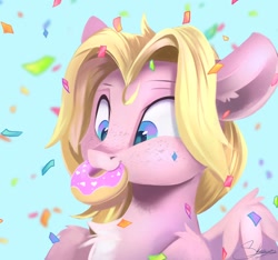 Size: 1280x1200 | Tagged: safe, artist:sketchiix3, imported from derpibooru, oc, oc only, oc:mio, pegasus, pony, bust, chest fluff, confetti, donut, female, food, freckles, mare, open mouth, solo