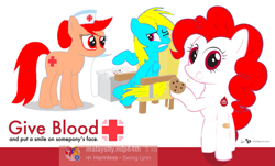 Size: 1151x694 | Tagged: safe, artist:shafiqhafizi70, imported from derpibooru, nurse redheart, pinkie pie, oc, oc only, earth pony, pony, cookie, eating, food, indonesia, injection, photo, poster, simple background, white background