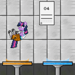Size: 1152x1152 | Tagged: safe, artist:mariothepixelarter, imported from derpibooru, twilight sparkle, pony, unicorn, animated, chell, clothes, female, gif, loop, mare, now you're thinking with portals, pants, pixel art, portal, portal (valve), shirt, solo, unicorn twilight