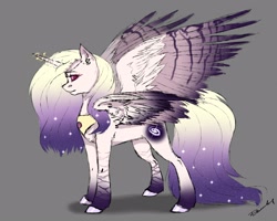 Size: 2560x2048 | Tagged: safe, artist:inarimayer, imported from derpibooru, oc, oc only, alicorn, pony, alicorn oc, ear piercing, earring, ethereal mane, female, gray background, horn, jewelry, mare, peytral, piercing, signature, simple background, solo, starry mane, wings