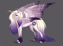 Size: 2500x1800 | Tagged: safe, artist:inarimayer, imported from derpibooru, oc, oc only, alicorn, pony, alicorn oc, ear piercing, earring, ethereal mane, female, gray background, horn, jewelry, mare, peytral, piercing, signature, simple background, solo, starry mane, wings