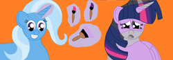 Size: 2240x776 | Tagged: safe, artist:scoutimusprime, imported from derpibooru, trixie, twilight sparkle, alicorn, pony, unicorn, discorded, discorded twilight, duo, orange background, paint, paintbrush, painting, sad, simple background, twilight sparkle (alicorn), twilight tragedy