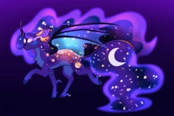 Size: 3000x2000 | Tagged: safe, artist:glitterstar2000, imported from derpibooru, princess luna, alicorn, pony, alternate design, bat wings, chest fluff, curved horn, ethereal mane, female, fetlock tuft, glowing, glowing eyes, gradient background, horn, mare, solo, starry mane, wings
