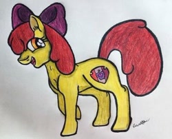 Size: 400x323 | Tagged: safe, artist:riverartist08, imported from derpibooru, apple bloom, earth pony, pony, bow, female, filly, foal, hair bow, happy, one eye covered, open mouth, open smile, signature, solo, traditional art