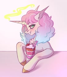 Size: 1878x2160 | Tagged: safe, artist:inarimayer, imported from derpibooru, oc, oc only, pony, unicorn, bust, cherry, chest fluff, cup, drink, ear fluff, eyebrows, food, gradient background, grin, hooves, horn, milkshake, simple background, smiling, solo, straw, unicorn oc