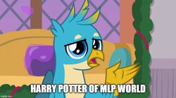Size: 888x499 | Tagged: safe, edit, edited screencap, imported from derpibooru, screencap, gallus, griffon, the hearth's warming club, harry potter, harry potter (series), male, raised claw, solo