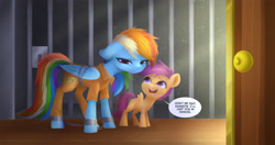 Size: 4096x2160 | Tagged: safe, artist:tomi_ouo, imported from derpibooru, rainbow dash, scootaloo, pegasus, pony, bound wings, cell, chained, clothes, comforting, cuffed, cuffs, door, never doubt rainbowdash69's involvement, prison outfit, prisoner rd, wings