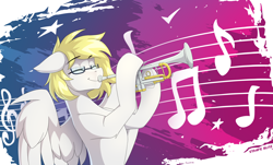 Size: 2460x1488 | Tagged: safe, artist:strafe blitz, imported from derpibooru, oc, oc only, oc:ludwig von leeb, pegasus, pony, blonde hair, glasses, male, music notes, musical instrument, pegasus oc, slim, solo, stallion, thin, trumpet