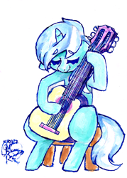 Size: 3006x4200 | Tagged: safe, artist:mannybcadavera, imported from derpibooru, lyra heartstrings, pony, unicorn, acrylic painting, chair, dexterous hooves, eyebrows, eyebrows visible through hair, eyes closed, female, guitar, high res, mare, musical instrument, signature, simple background, sitting, smiling, solo, stool, traditional art, white background