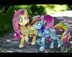 Size: 1800x1429 | Tagged: safe, artist:tyuubatu, imported from derpibooru, fluttershy, rainbow dash, pegasus, pony, backwards cutie mark, dappled sunlight, duo, duo female, female, mare, open mouth, walking