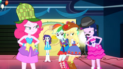 Size: 3410x1920 | Tagged: safe, imported from derpibooru, screencap, applejack, pinkie pie, rainbow dash, rarity, twilight sparkle, a photo booth story, eqg summertime shorts, equestria girls, animation error, balloon, bare shoulders, boots, bracelet, clothes, cowboy hat, cutie mark on clothes, fake moustache, fall formal outfits, female, hairpin, hand on hip, hat, high res, jewelry, shoes, sleeveless, smiling, strapless, twilight ball dress