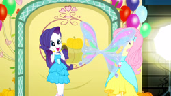 Size: 3410x1920 | Tagged: safe, imported from derpibooru, screencap, fluttershy, rarity, a photo booth story, eqg summertime shorts, equestria girls, balloon, bare shoulders, boots, bracelet, butterfly wings, duo, duo female, eyes closed, fall formal outfits, female, hairpin, high res, jewelry, open mouth, open smile, shoes, sleeveless, smiling, strapless, wings