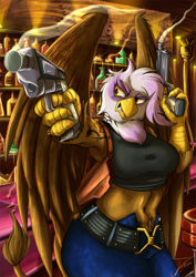 Size: 1060x1500 | Tagged: safe, artist:jamescorck, imported from derpibooru, gilda, anthro, griffon, alcohol, armpits, barstool, beretta, beretta 92fs, black lagoon, bottle, breasts, busty gilda, clothes, crossover, dual wield, female, grin, gun, handgun, jeans, marÿke hendrikse, midriff, pants, pistol, revy, skirt, smiling, solo, sports bra, tanktop, tattoo, tavern, top, voice actor joke, weapon