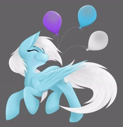 Size: 2836x2928 | Tagged: safe, artist:feather_bloom, imported from derpibooru, oc, oc only, oc:feather_bloom, pegasus, pony, :3, balloon, birthday, excited, eyes closed, gray background, mouth hold, running, shading, simple background, solo, wholesome