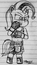 Size: 864x1518 | Tagged: safe, artist:ct1443ae, imported from derpibooru, trixie, semi-anthro, unicorn, boxing, boxing gloves, lined paper, solo, sports, traditional art