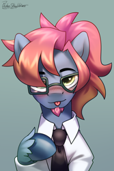 Size: 2000x3000 | Tagged: safe, artist:jedayskayvoker, imported from derpibooru, oc, oc only, oc:junup, pony, :p, blushing, clothes, cute, eyebrows, facial hair, femboy, glasses, goatee, looking at you, male, necktie, ponytail, shirt, solo, stallion, tongue out, unshorn fetlocks