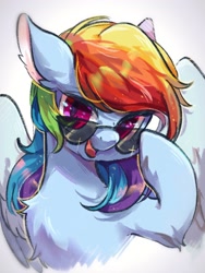 Size: 1536x2048 | Tagged: safe, artist:朔, imported from derpibooru, rainbow dash, pegasus, pony, bust, chest fluff, commission, cute, dashabetes, elbow fluff, female, looking at you, looking over sunglasses, mare, open mouth, partially open wings, raised hoof, simple background, smiling, solo, sunglasses, wings