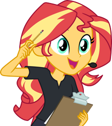 Size: 3000x3376 | Tagged: safe, artist:cloudy glow, imported from derpibooru, sunset shimmer, all the world's off stage, equestria girls, equestria girls series, .ai available, clipboard, director, director shimmer, female, high res, open mouth, pencil, simple background, solo, transparent background, vector