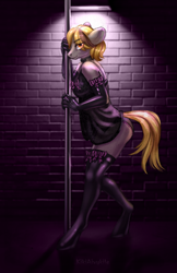 Size: 1672x2579 | Tagged: safe, artist:kikiaivykile, imported from derpibooru, oc, oc:alexis arrows, anthro, unguligrade anthro, clothes, panties, solo, stockings, stripper, stripper pole, thigh highs, underwear