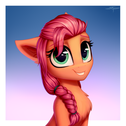 Size: 3000x3000 | Tagged: safe, artist:setharu, imported from derpibooru, sunny starscout, earth pony, pony, abstract background, bust, cute, female, g5, mare, my little pony: a new generation, portrait, simple background, solo, sunnybetes