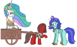 Size: 2836x1739 | Tagged: safe, artist:supahdonarudo, imported from derpibooru, princess celestia, oc, oc:ironyoshi, oc:sea lilly, alicorn, classical hippogriff, hippogriff, unicorn, ..., camera, cart, clothes, jewelry, necklace, raised hoof, reference, shirt, simple background, spongebob reference, spongebob squarepants, surprised, this will end in a trip to the moon, tied up, transparent background