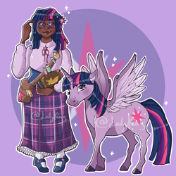 Size: 1773x1773 | Tagged: safe, artist:ladykins, imported from derpibooru, twilight sparkle, alicorn, human, pony, abstract background, bag, belt, blouse, book, clothes, colored hooves, cutie mark accessory, cutie mark background, dark skin, duo, female, flats, floppy ears, glasses, hair accessory, humanized, long skirt, mare, markings, outline, pigeon toed, potion, round glasses, scroll, self paradox, self ponidox, shirt, shoes, shoulder bag, skirt, smiling, socks, sparkles, spread wings, standing, swiss waist, twilight sparkle (alicorn), unshorn fetlocks, watermark, white outline, wings
