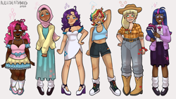 Size: 2430x1366 | Tagged: safe, artist:alexiseatsbees, imported from derpibooru, applejack, fluttershy, pinkie pie, rainbow dash, rarity, twilight sparkle, human, alternate hairstyle, applejack's hat, armpits, belt, blushing, book, boots, clothes, converse, cowboy boots, cowboy hat, dark skin, dress, ear piercing, earring, female, flannel, flats, freckles, glasses, grin, hair over one eye, hat, high heels, hijab, humanized, islam, islamashy, jeans, jewelry, mane six, necklace, nose piercing, nose ring, pants, piercing, religion, shoes, shorts, simple background, size difference, skirt, smiling, socks, stockings, striped socks, sweater, tanktop, thigh highs, white background