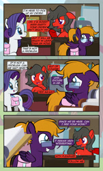 Size: 1920x3169 | Tagged: safe, artist:alexdti, imported from derpibooru, rarity, oc, oc:crimson swift, oc:purple creativity, pegasus, pony, unicorn, comic:quest for friendship, :o, bag, comic, dialogue, female, floppy ears, folded wings, glasses, grin, high res, horn, indoors, lidded eyes, looking at each other, looking at someone, looking back, male, mare, open mouth, open smile, partially open wings, pegasus oc, ponytail, saddle bag, smiling, speech bubble, stallion, tail, underhoof, wings