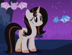 Size: 1280x991 | Tagged: safe, artist:cindystarlight, imported from derpibooru, oc, oc only, oc:sara butterfly, pony, unicorn, butt, colored hooves, colored horn, female, hooves, horn, mare, night, outdoors, plot, shadow, show accurate, smiling, solo, standing, tail, two toned mane, two toned tail, unicorn oc