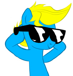 Size: 873x915 | Tagged: safe, artist:ferna-dit, artist:pennyjam, imported from derpibooru, oc, oc only, earth pony, pony, base used, bust, earth pony oc, hooves behind head, simple background, smiling, solo, sunglasses, white background, yellow mane